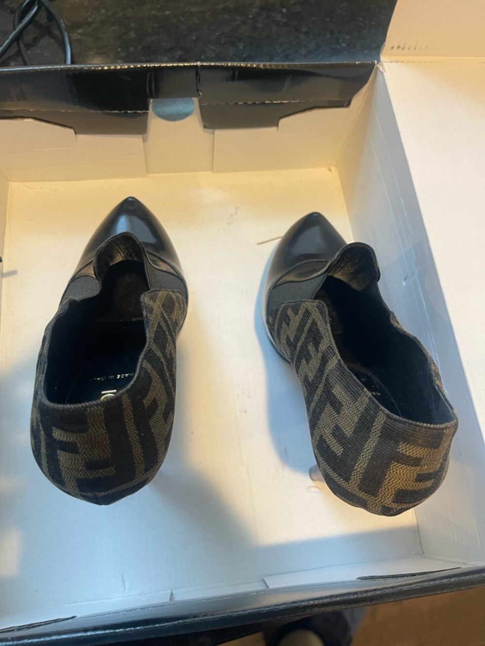 Fendi Black Leather Pointed Toe Flats with Brown FF Canvas